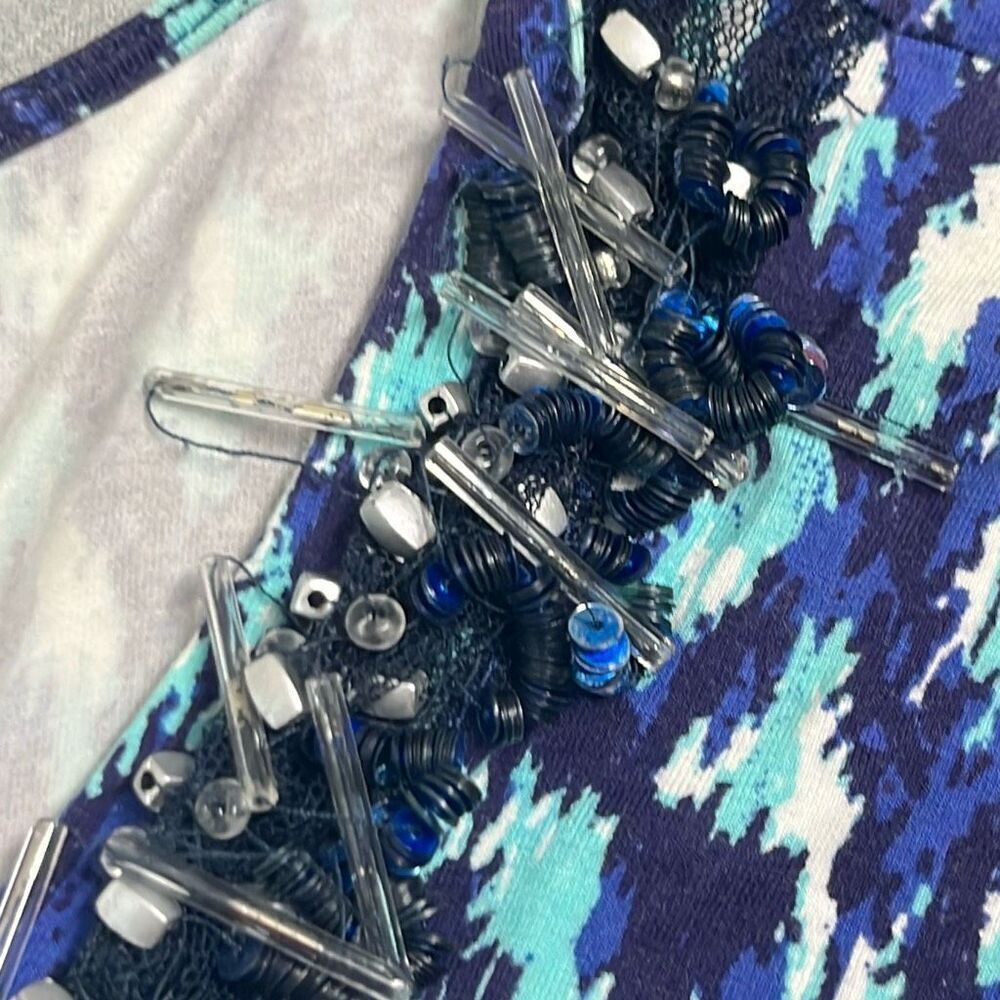 Cabana Life Small Blue Print Beaded Drawstring Batwing Sleeve Swim Coverup Beach - Picture 5 of 10